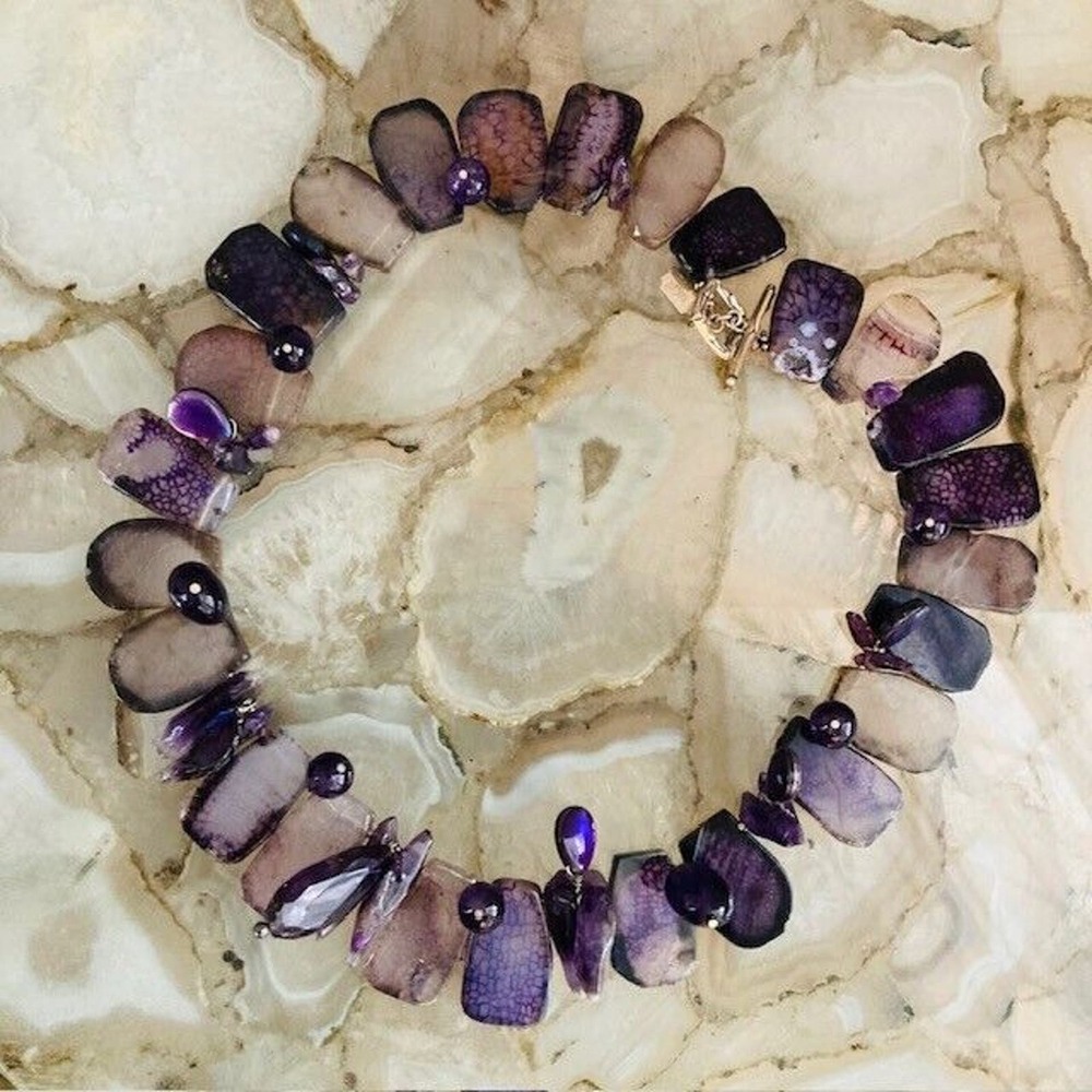 Amy Kahn Russell $898 Quartz Slices Amethyst Shell Beads 925 Statement Necklace